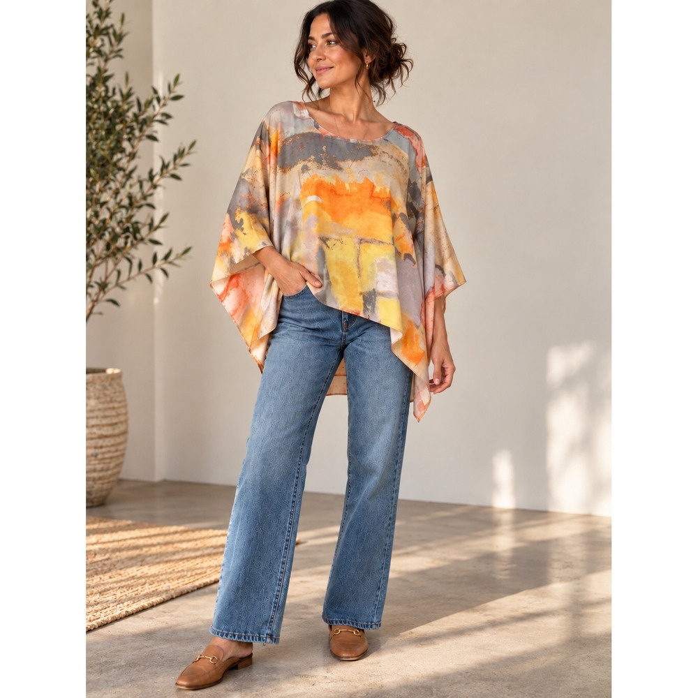 Chico’s Water Blocks Kamilla Vent Poncho Abstract Art Top NWT S/M $89